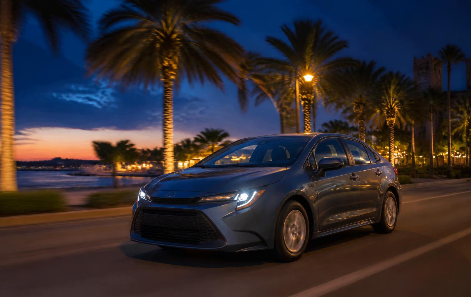 Toyota Corolla rideshare rental car on a palm-lined Fort Myers street at night